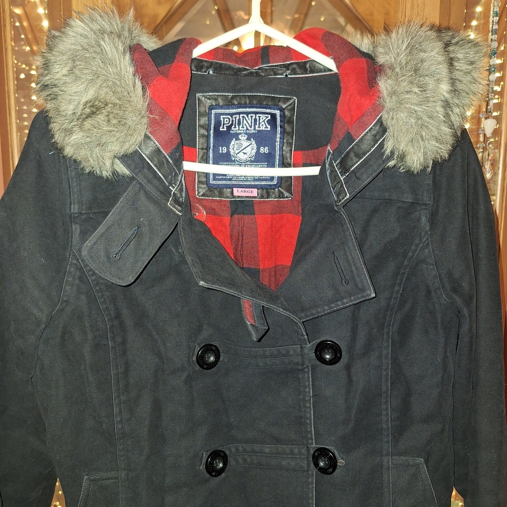 PINK Victoria's Secret Black Peacoat with Red Plaid Lining and Faux Fur Trim - Picture 2 of 16